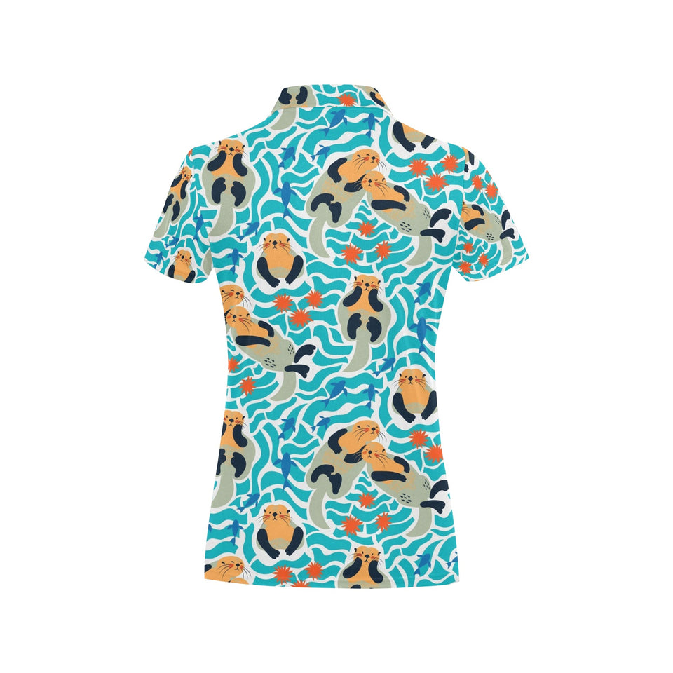 Cute sea otters fishe sea urchin pattern Women's All Over Print Polo Shirt