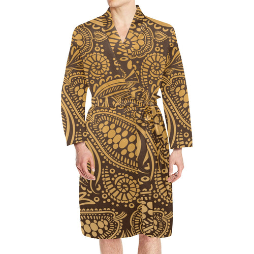 cacao beans tribal polynesian pattern background Men's Long Sleeve Belted Night Robe