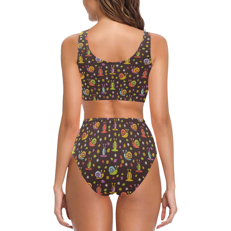 Snail Pattern Print Design 02 Chest Bowknot High Waisted Bikini Swimsuit