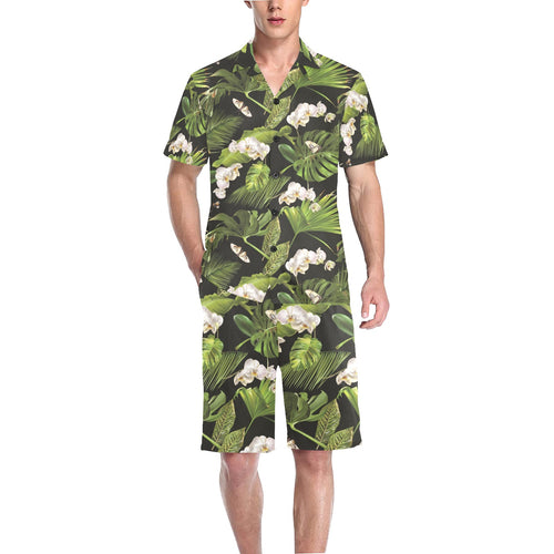 White orchid flower tropical leaves pattern blackg Men's V-Neck Short Pajama Set