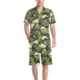 White orchid flower tropical leaves pattern blackg Men's V-Neck Short Pajama Set
