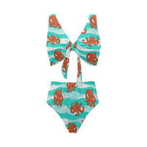 Octopuses sea wave background Chest Bowknot High Waisted Bikini Swimsuit
