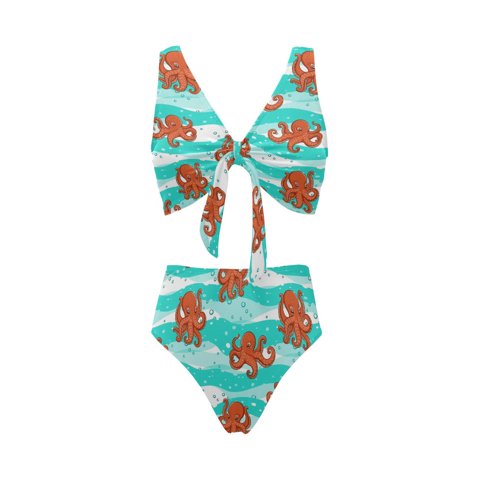 Octopuses sea wave background Chest Bowknot High Waisted Bikini Swimsuit