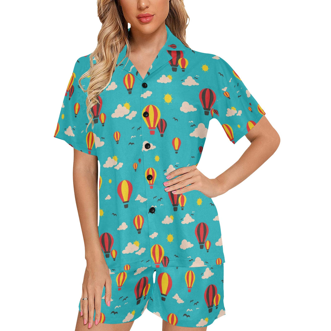 Hot Air Balloon Sky Pattern Women's V-Neck Short Pajama Set