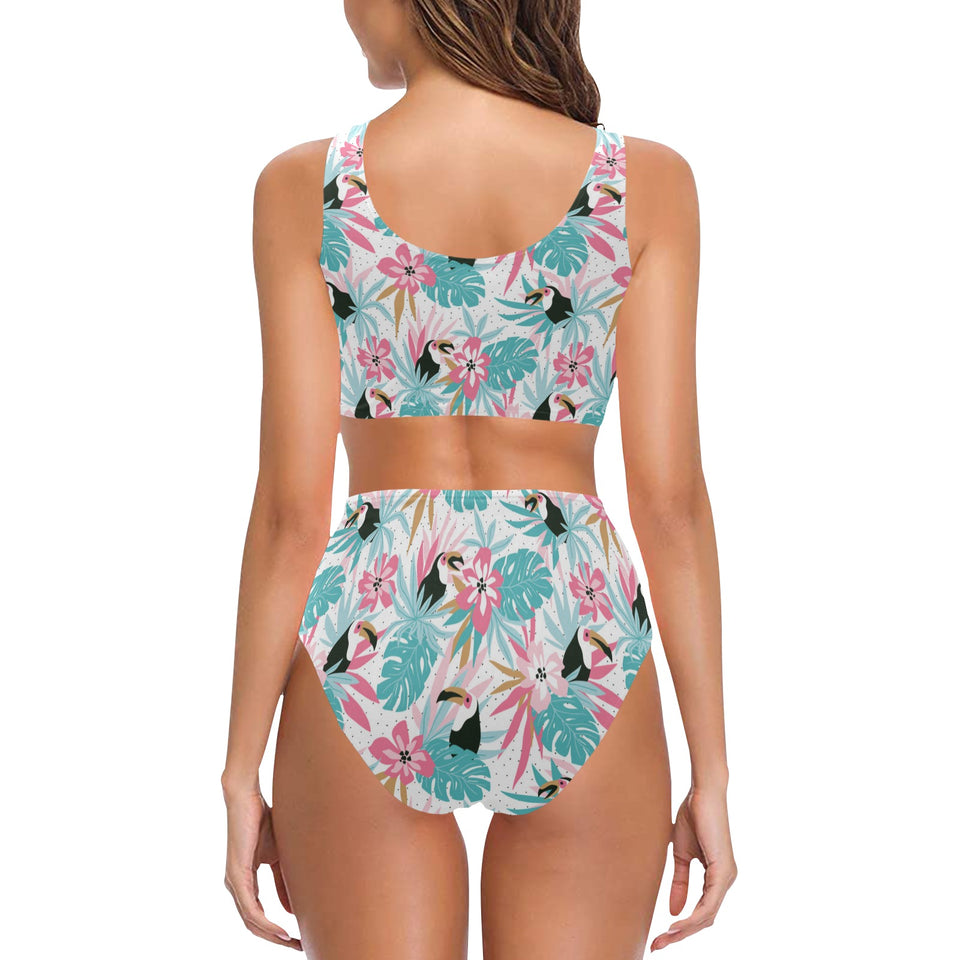 Toucan tropical flower leave pattern Chest Bowknot High Waisted Bikini Swimsuit