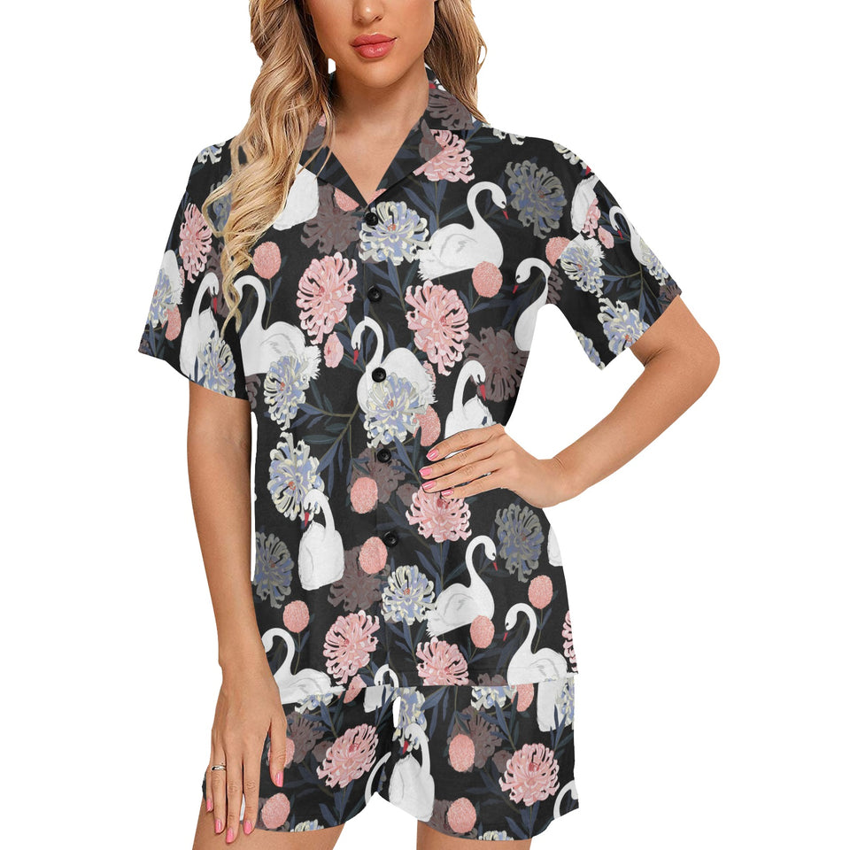 white swan blooming flower pattern Women's V-Neck Short Pajama Set