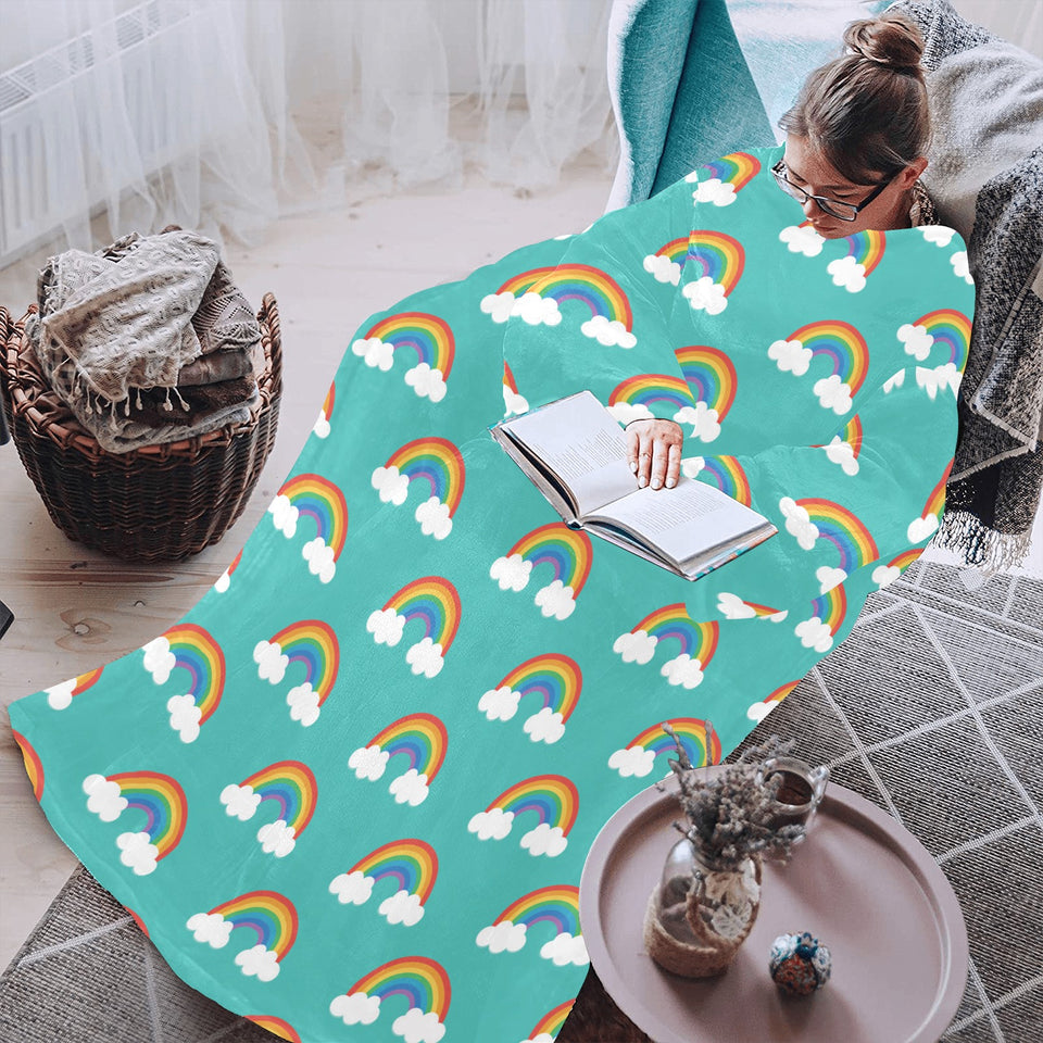 Rainbow pattern green background Blanket Robe with Sleeves