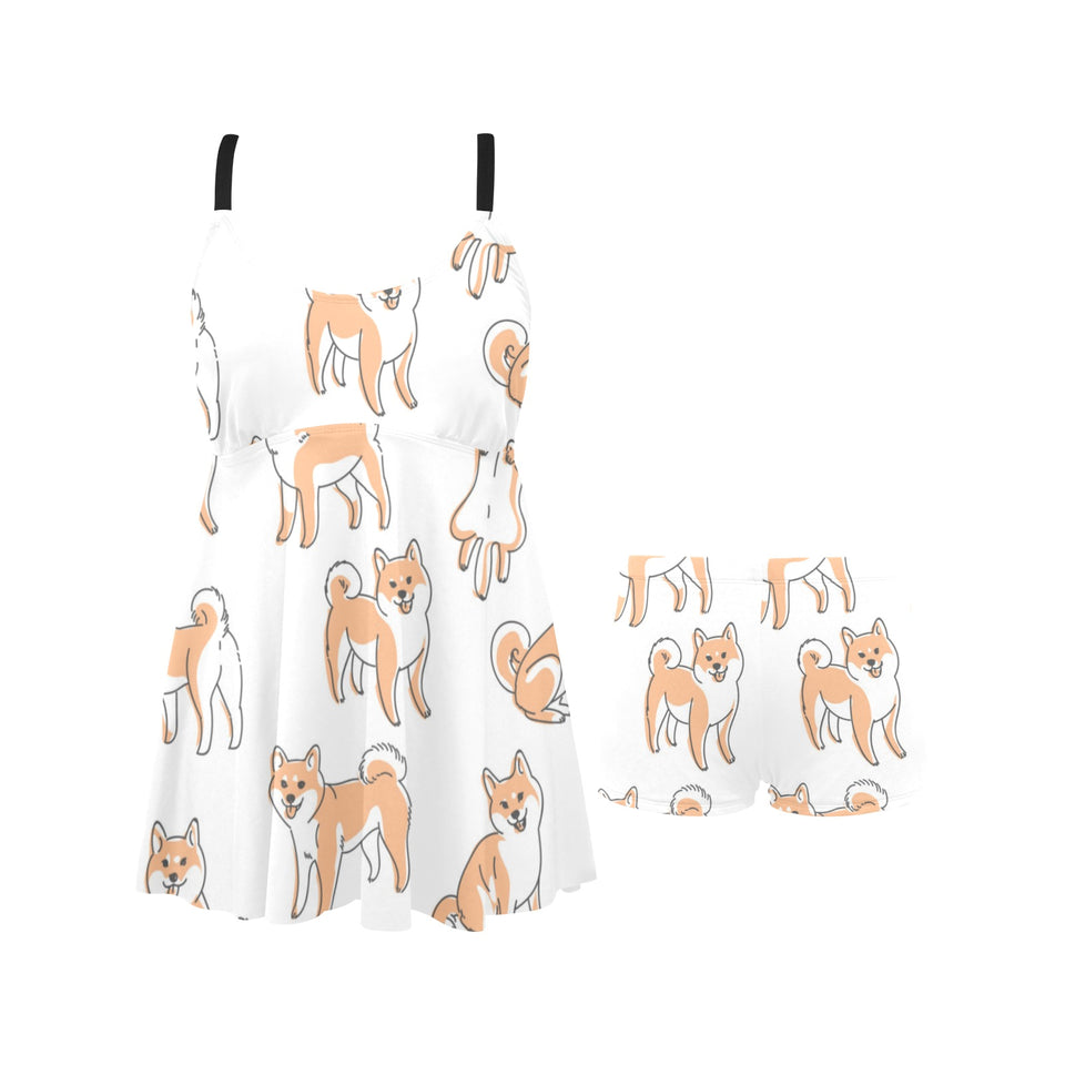 shiba inu dog pattern Chest Sexy Pleated Two Piece Swim Dress