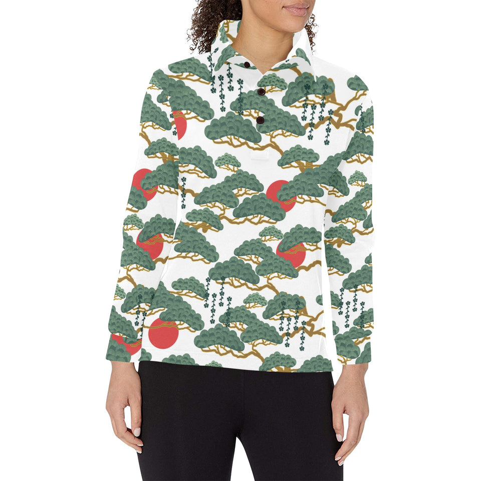 Bonsai red sun japanese pattern Women's Long Sleeve Polo Shirt