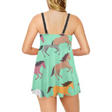 Colorful horses pattern Chest Sexy Pleated Two Piece Swim Dress