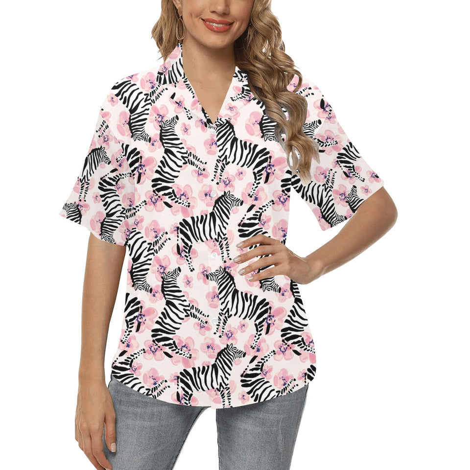 Zebra pink flower background Women's All Over Print Hawaiian Shirt