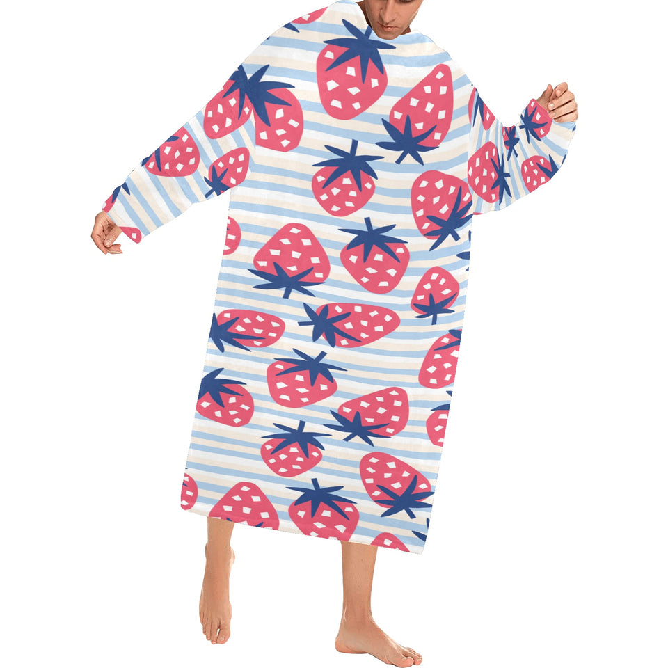 Strawberry pattern blue lines background Blanket Robe with Sleeves
