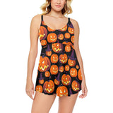 Halloween Pumpkin pattern Chest Sexy Pleated Two Piece Swim Dress