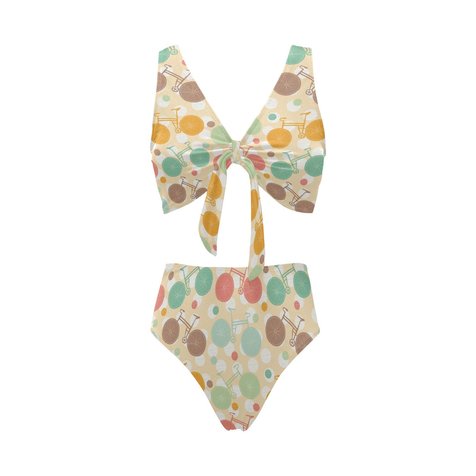 Bicycle Pattern Print Design 01 Chest Bowknot High Waisted Bikini Swimsuit