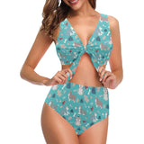 Christmas cute siberian husky puppie pattern Chest Bowknot High Waisted Bikini Swimsuit