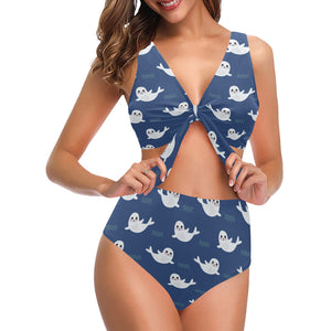 Cute white baby sea lion seal pattern Chest Bowknot High Waisted Bikini Swimsuit