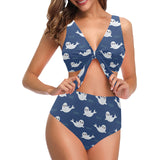 Cute white baby sea lion seal pattern Chest Bowknot High Waisted Bikini Swimsuit