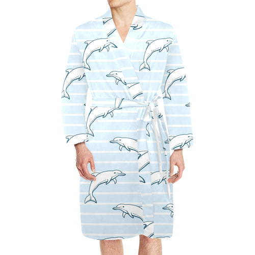 Dolphin blue striped background Men's Long Sleeve Belted Night Robe