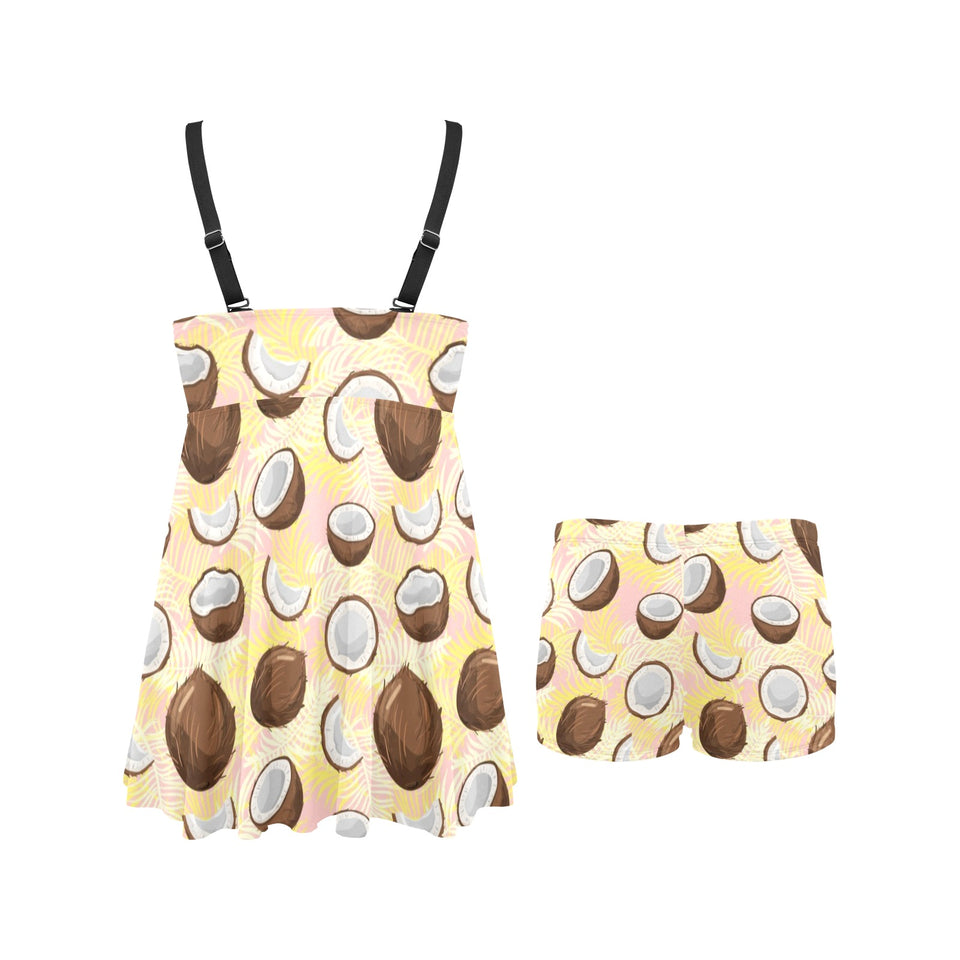 Coconut Pattern Print Design 05 Chest Sexy Pleated Two Piece Swim Dress