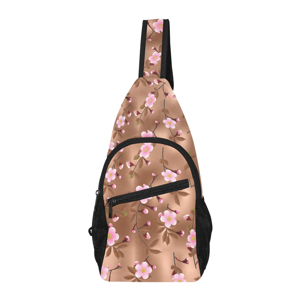 Pink sakura cherry blossom drak brown background All Over Print Chest Bag