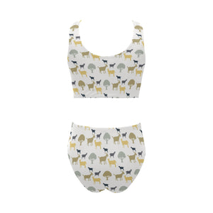 Silhouettes of goat and tree pattern Chest Bowknot High Waisted Bikini Swimsuit