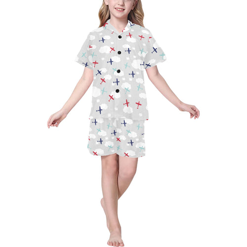 Airplane cloud grey background Kids' Boys' Girls' V-Neck Short Pajama Set
