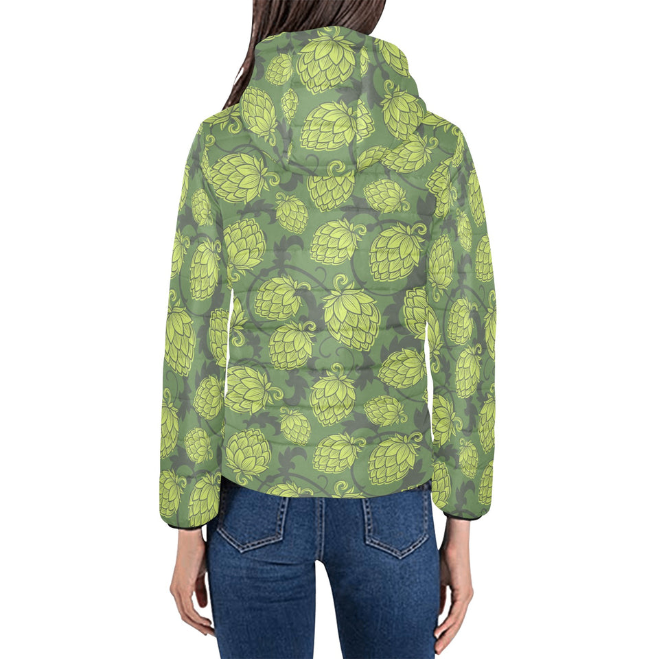 Hop pattern Hop cone background Women's Padded Hooded Jacket