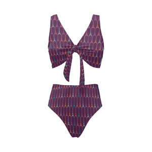 Eiffel Tower Pattern Print Design 05 Chest Bowknot High Waisted Bikini Swimsuit