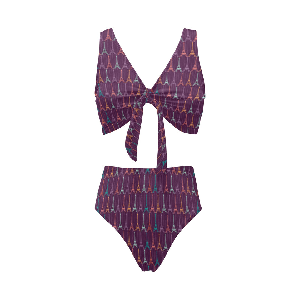 Eiffel Tower Pattern Print Design 05 Chest Bowknot High Waisted Bikini Swimsuit