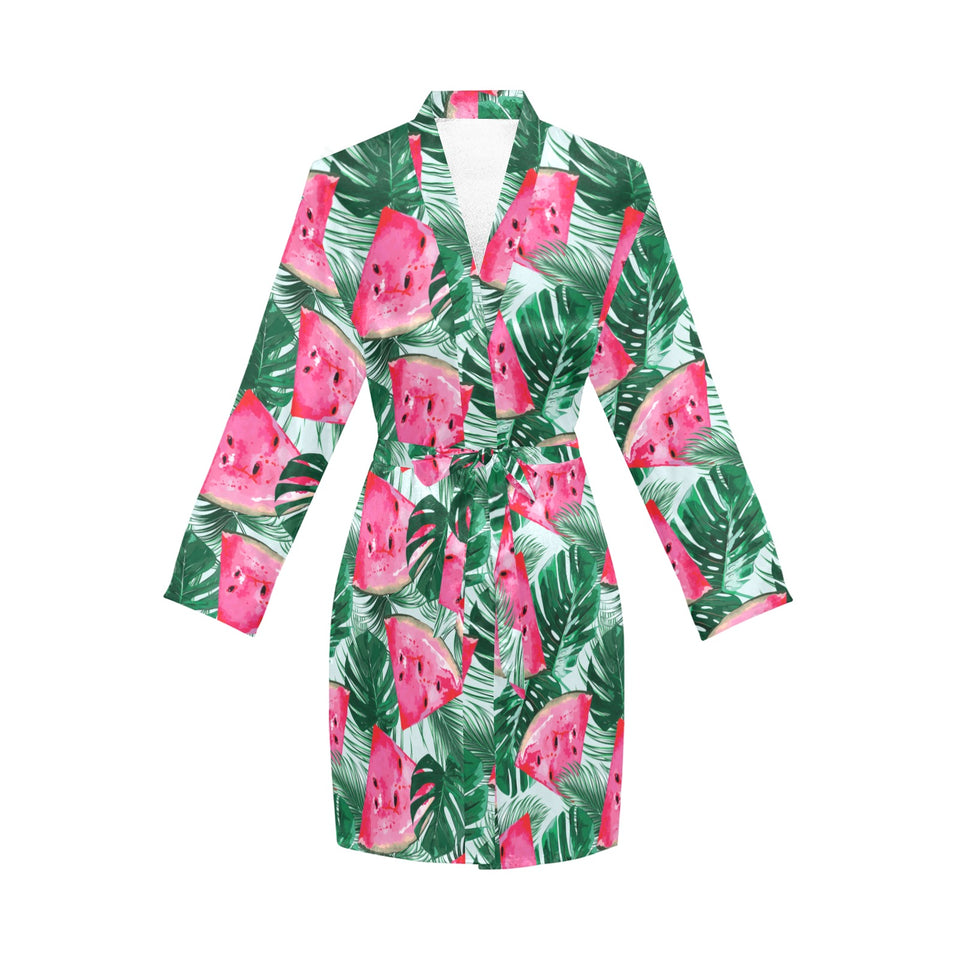 Watermelons tropical palm leaves pattern Women's Long Sleeve Belted Night Robe