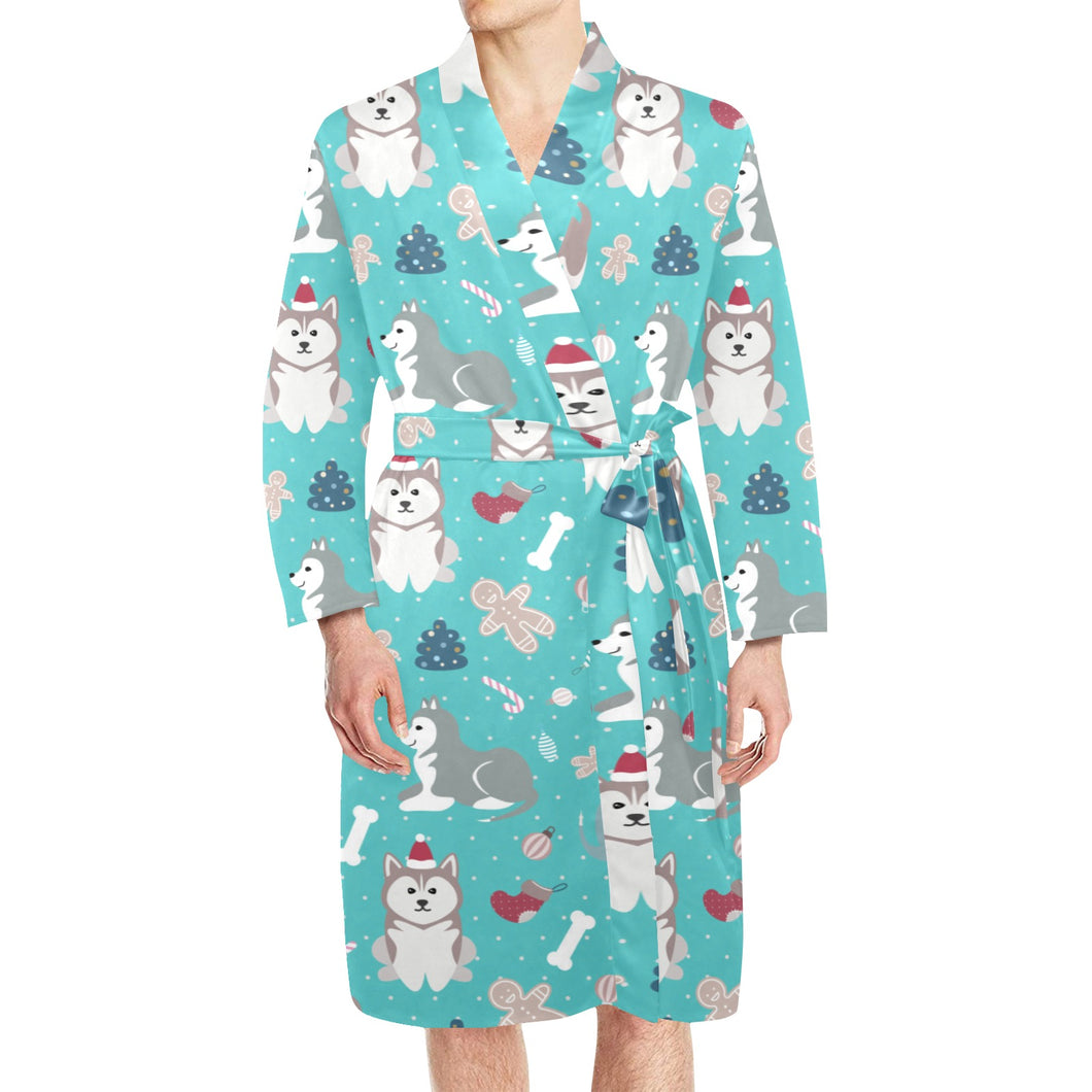 Christmas cute siberian husky puppie pattern Men's Long Sleeve Belted Night Robe