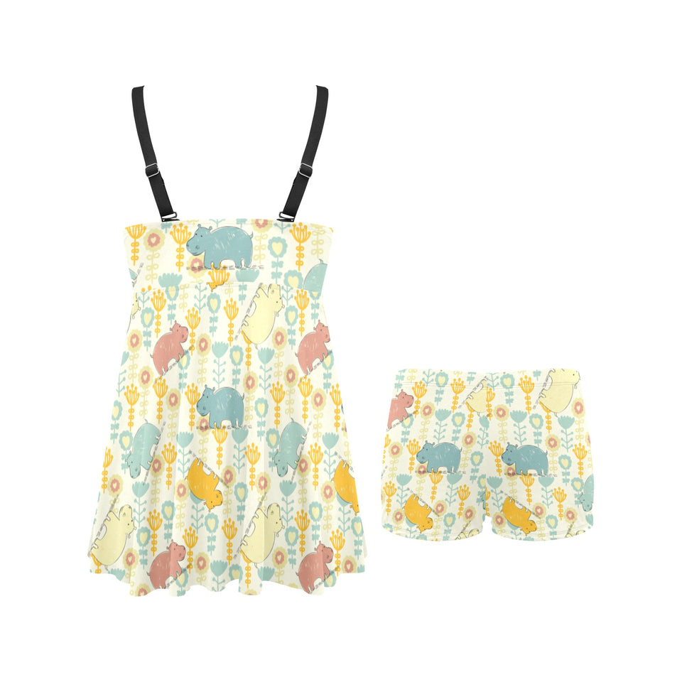 Hippopotamus Pattern Print Design 04 Chest Sexy Pleated Two Piece Swim Dress