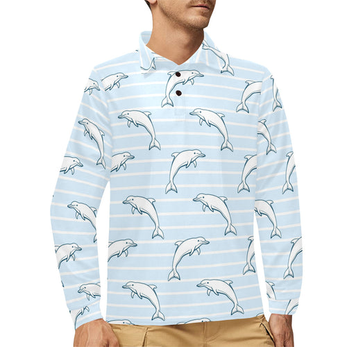 Dolphin blue striped background Men's Long Sleeve Polo Shirt
