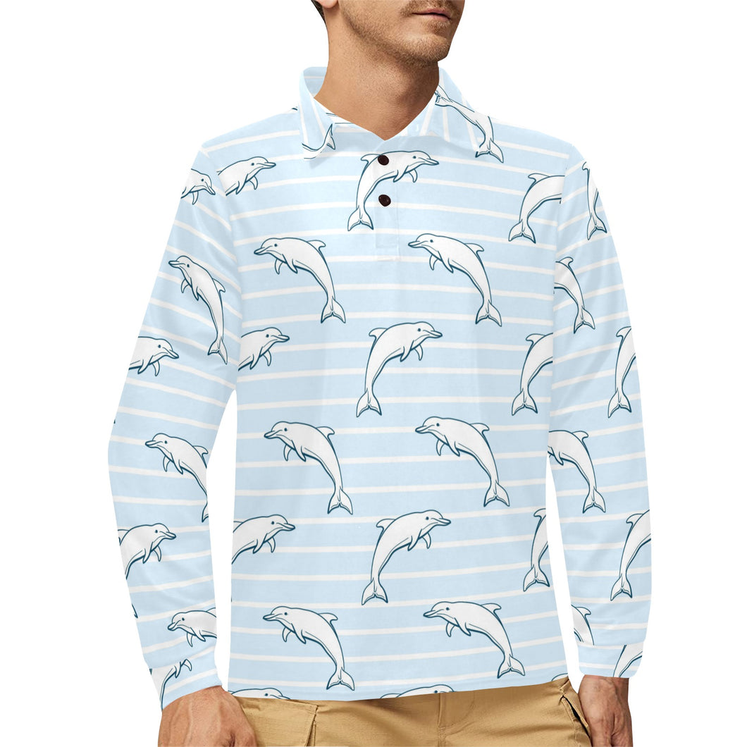 Dolphin blue striped background Men's Long Sleeve Polo Shirt
