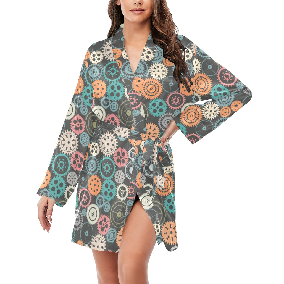 Gear Pattern Print Design 05 Women's Long Sleeve Belted Night Robe