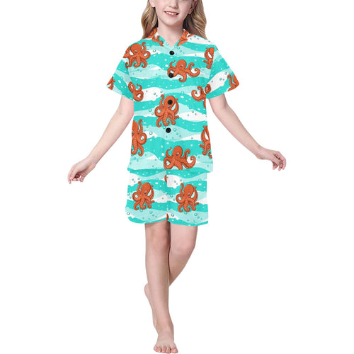 Octopuses sea wave background Kids' Boys' Girls' V-Neck Short Pajama Set