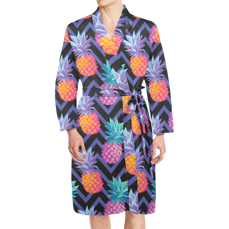 Pineapples pattern zigzag background Men's Long Sleeve Belted Night Robe