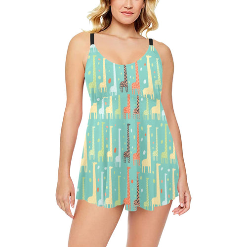 Giraffe Pattern Print Design 01 Chest Sexy Pleated Two Piece Swim Dress