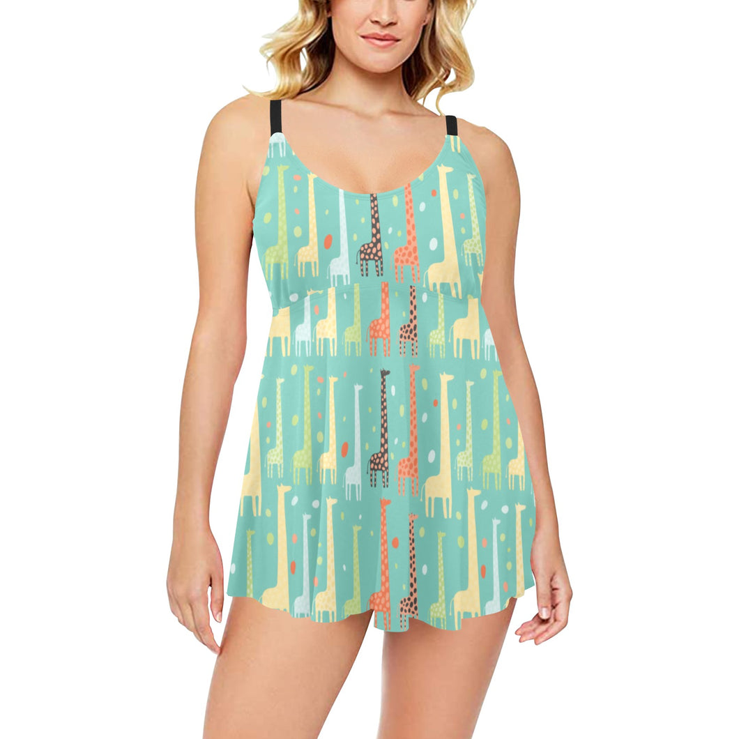 Giraffe Pattern Print Design 01 Chest Sexy Pleated Two Piece Swim Dress
