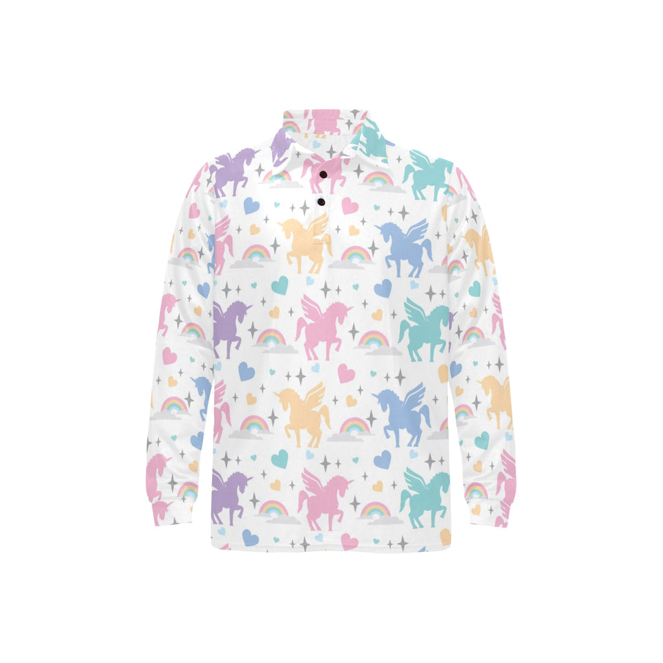 colorful unicorn rainbow heart pattern Men's Long Sleeve Polo Shirt