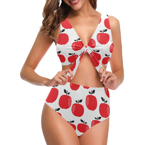 red apples white background Chest Bowknot High Waisted Bikini Swimsuit