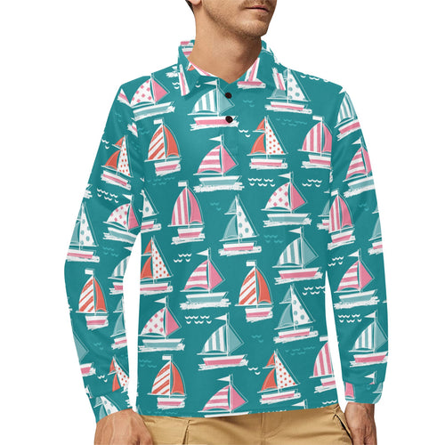 Cute sailboat pattern Men's Long Sleeve Polo Shirt