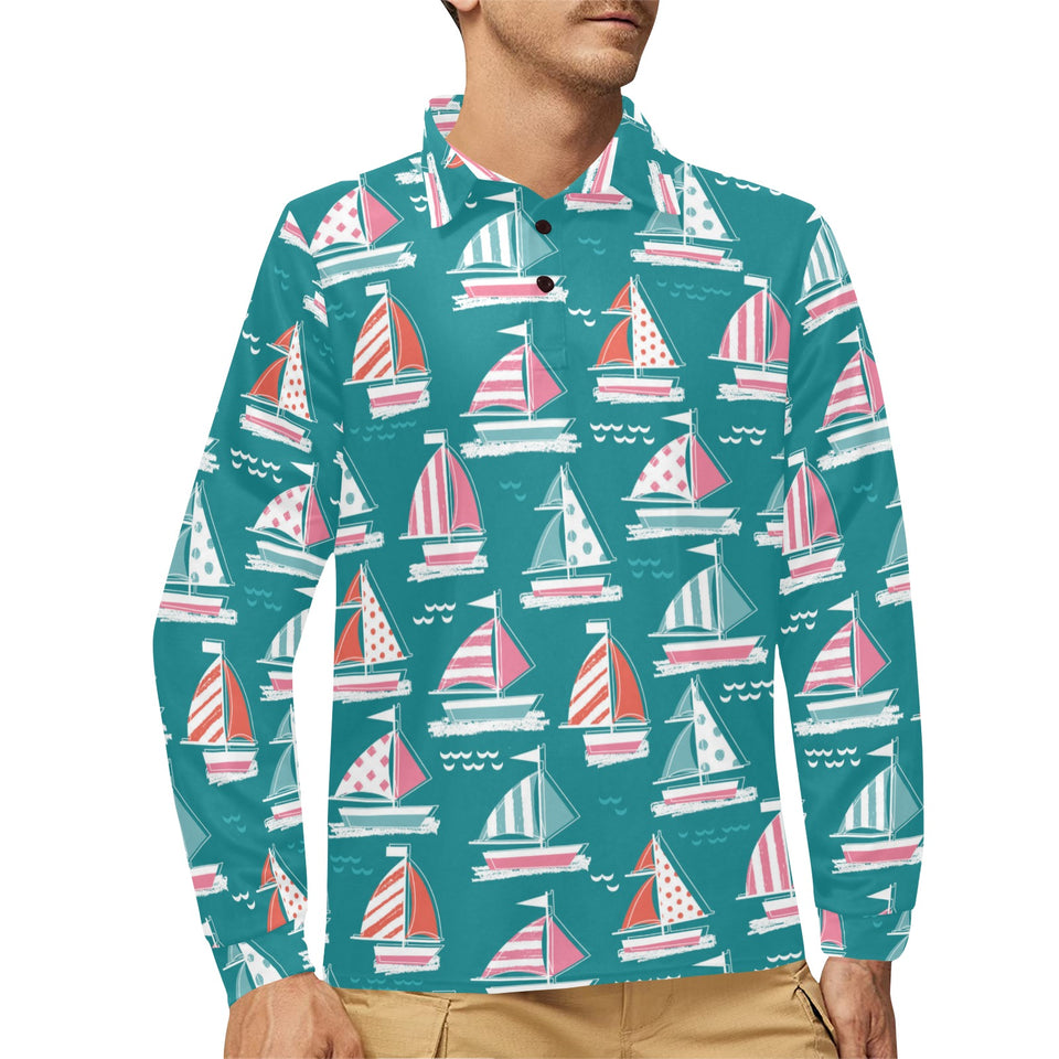 Cute sailboat pattern Men's Long Sleeve Polo Shirt