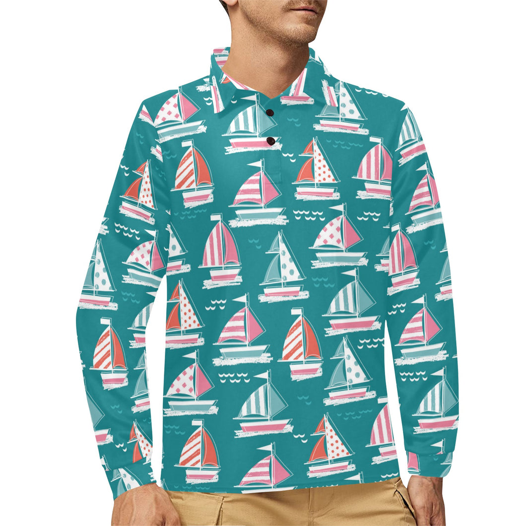 Cute sailboat pattern Men's Long Sleeve Polo Shirt