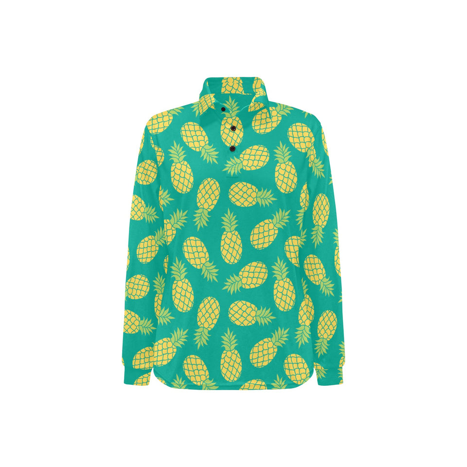 Pineapples pattern green background Women's Long Sleeve Polo Shirt