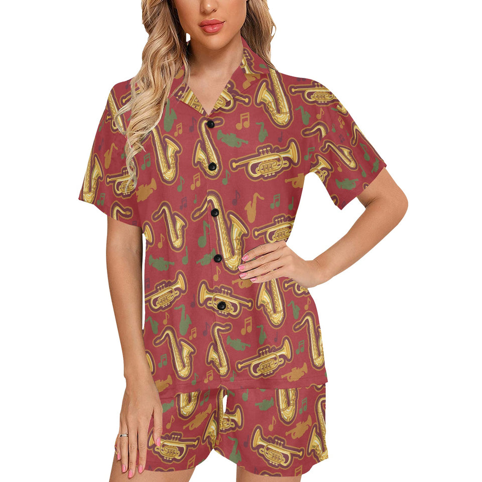 Saxophone cornet pattern red background Women's V-Neck Short Pajama Set