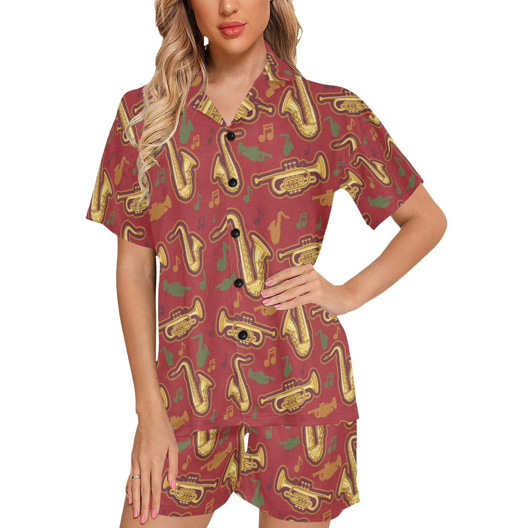 Saxophone cornet pattern red background Women's V-Neck Short Pajama Set