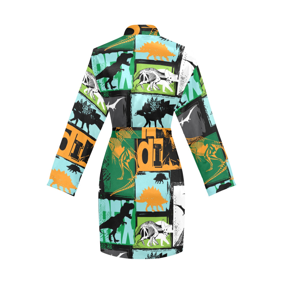 dinosaurs print pattern Women's Long Sleeve Belted Night Robe