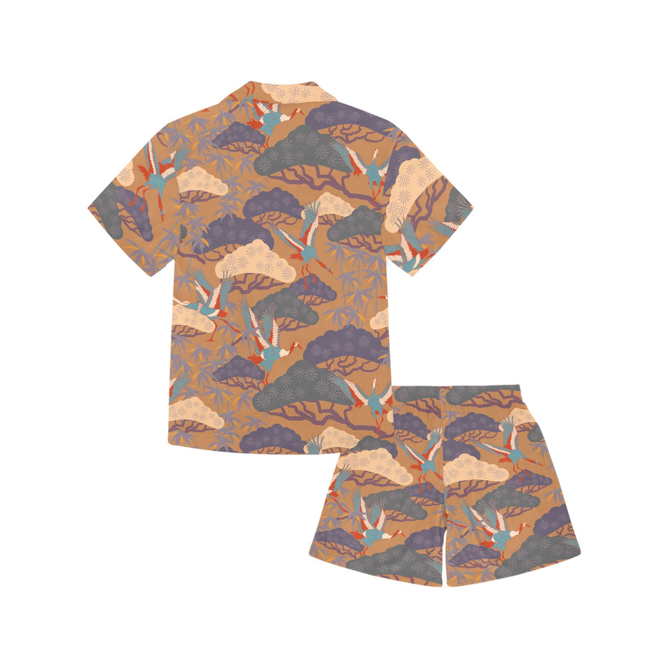 Bonsai bamboo stork japanese pattern brown theme Kids' Boys' Girls' V-Neck Short Pajama Set