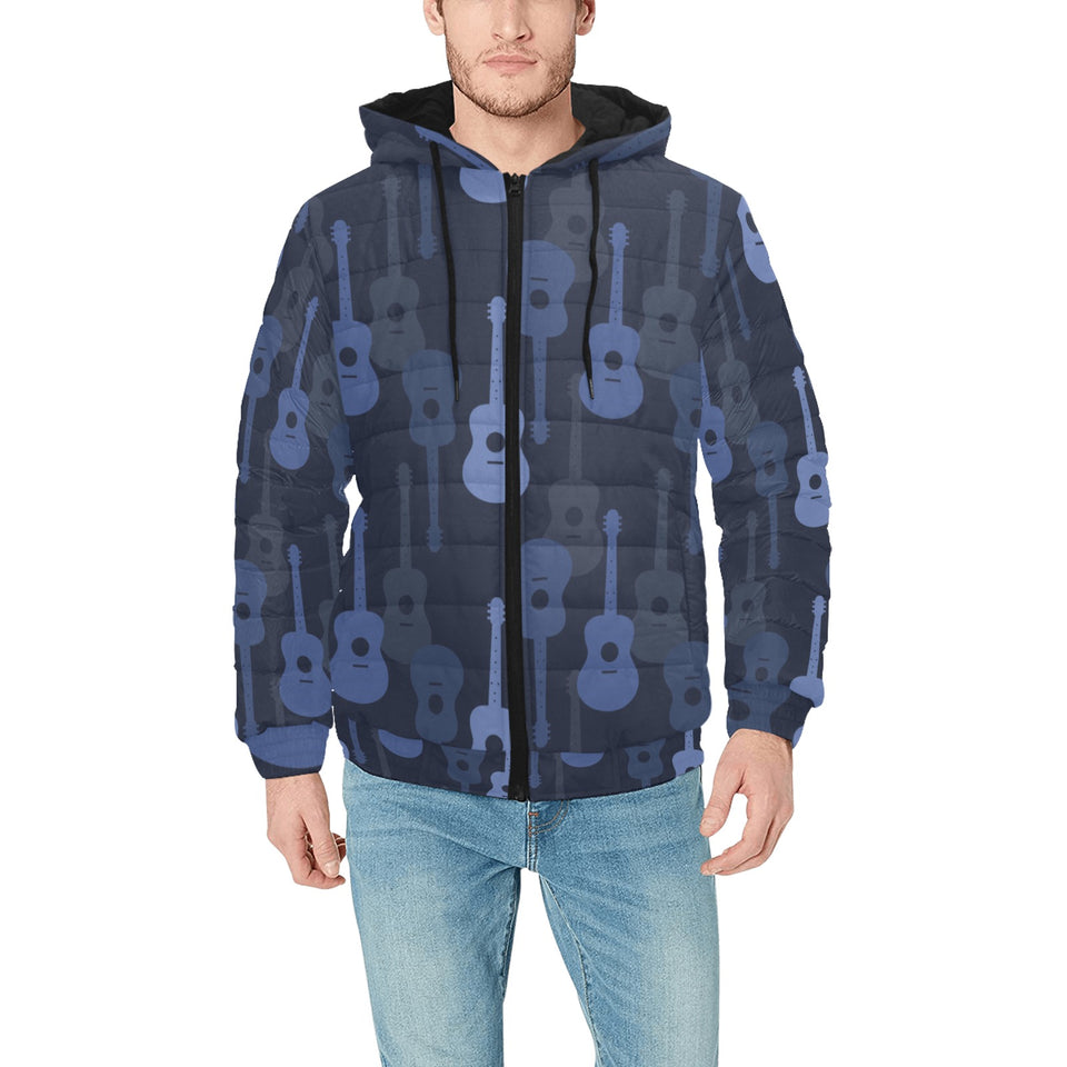 Blue Theme guitar pattern Men's Padded Hooded Jacket